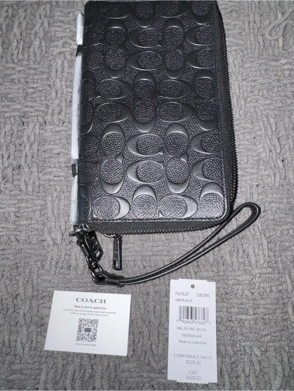 Coach Black Embossed Signature Zip Wristlet with Wrist Strap